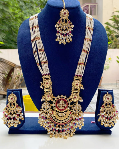 White Pearl & Ruby Empress Necklace Set with Maang Tikka