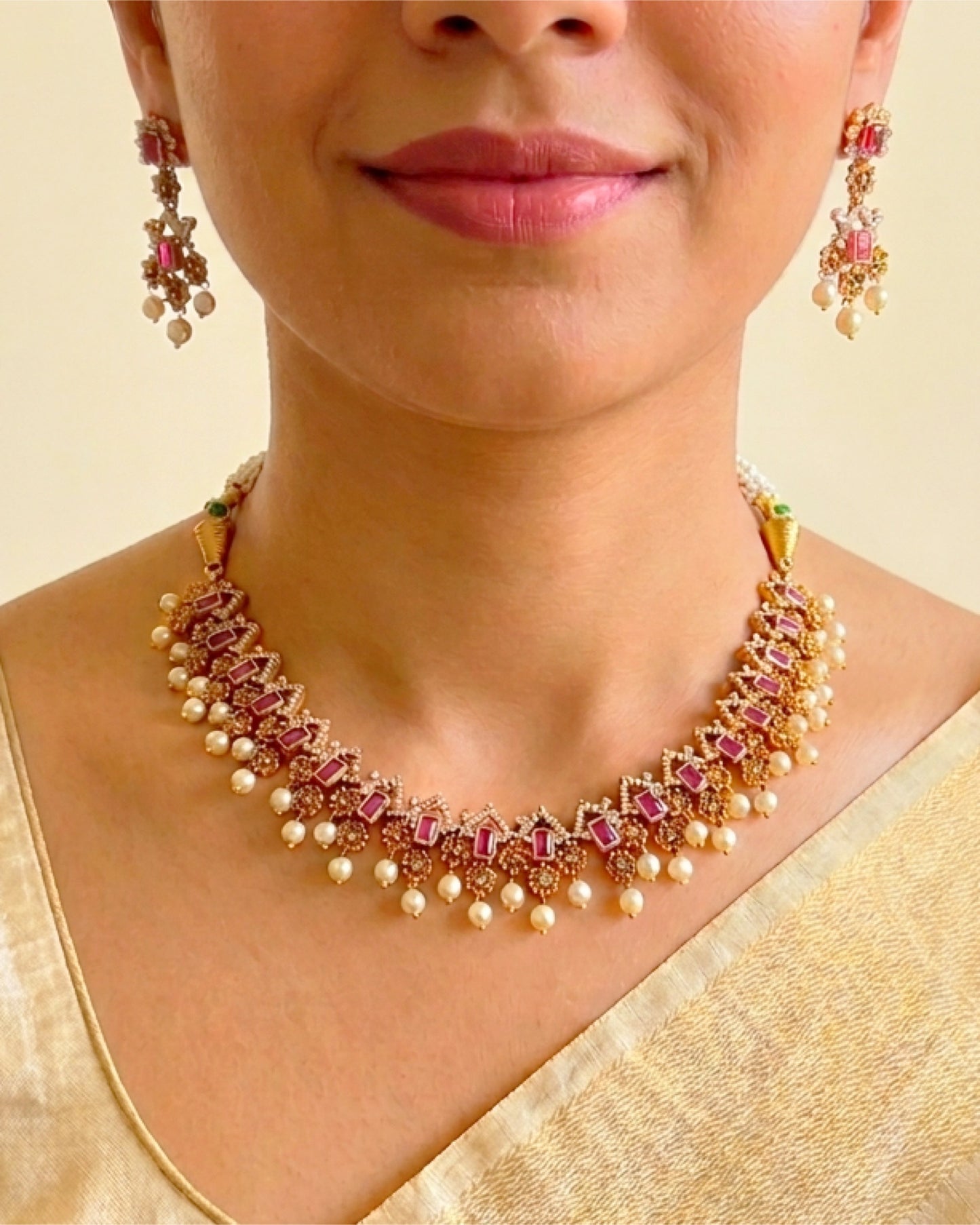 Ruby Pink Floral Lattice Necklace Set