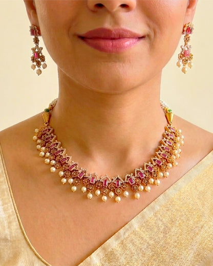 Ruby Pink Floral Lattice Necklace Set
