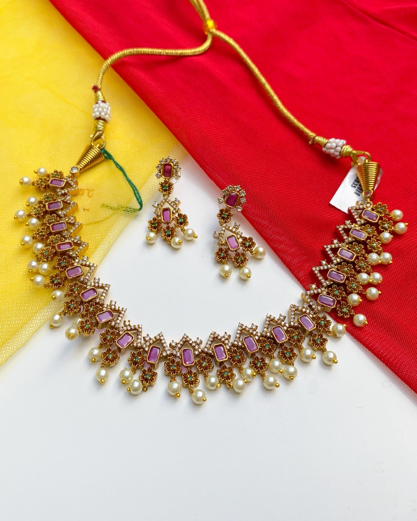 Ruby Pink Floral Lattice Necklace Set