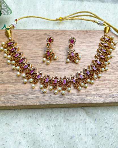 Ruby Pink Floral Lattice Necklace Set