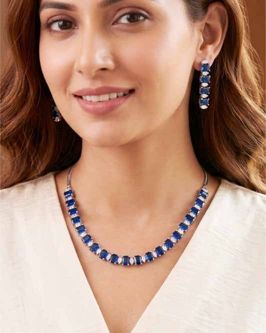 Sapphire Blue Rectangular Solitaire Necklace Set