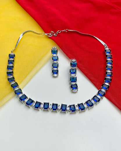 Sapphire Blue Rectangular Solitaire Necklace Set