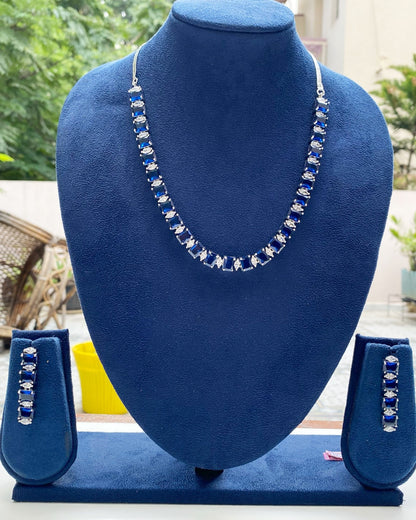 Sapphire Blue Rectangular Solitaire Necklace Set