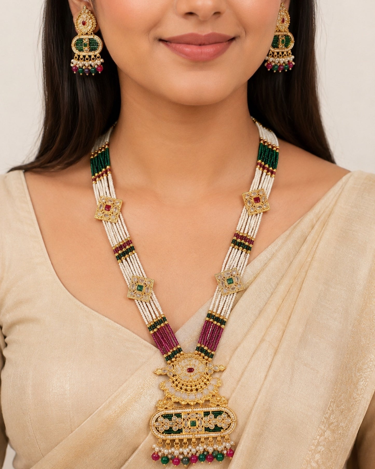 Pink & Green Bead Moissanite Haram Set