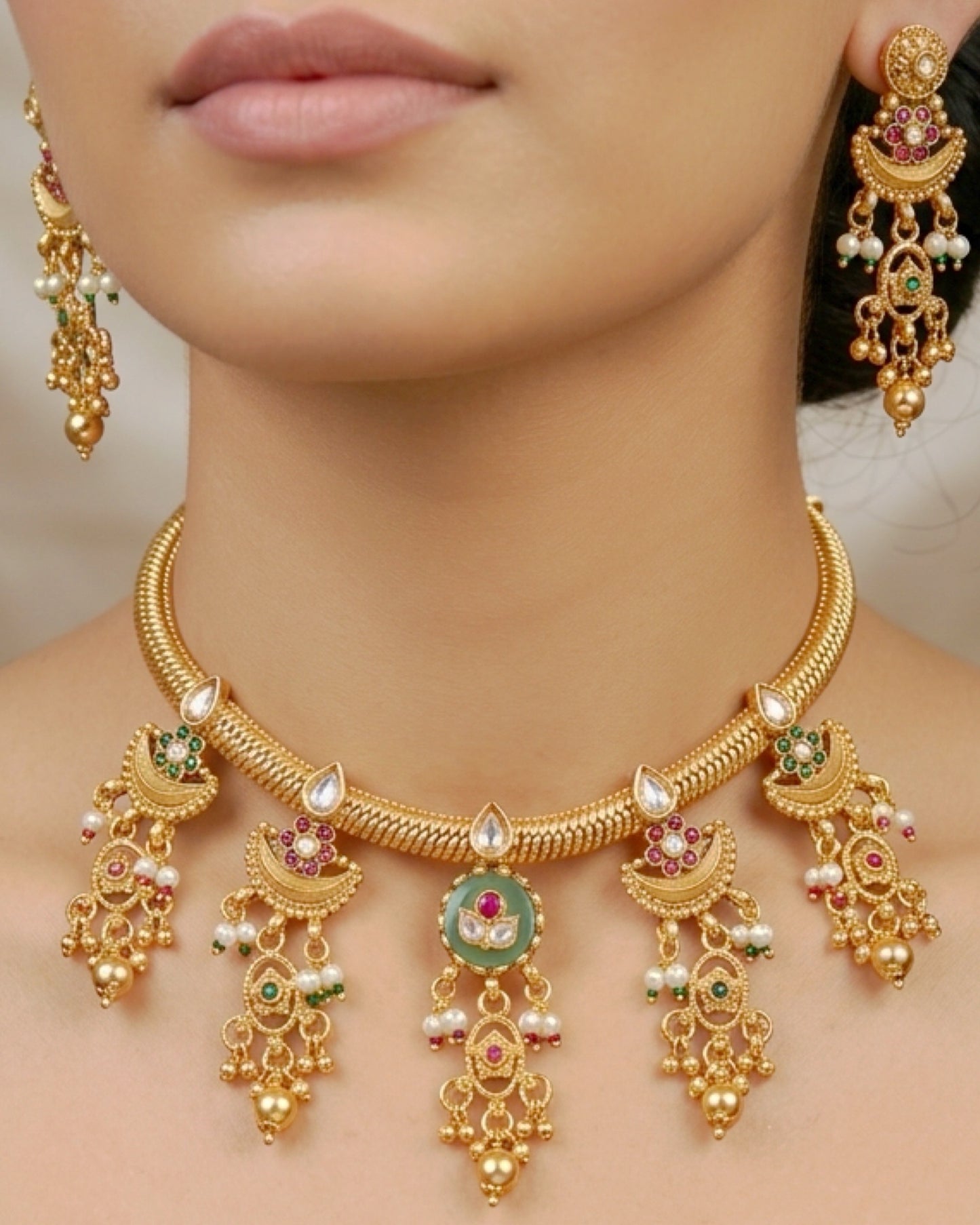 Matte Gold Chandbali Tassel Drop Necklace Set