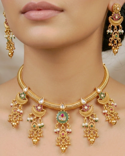 Matte Gold Chandbali Tassel Drop Necklace Set