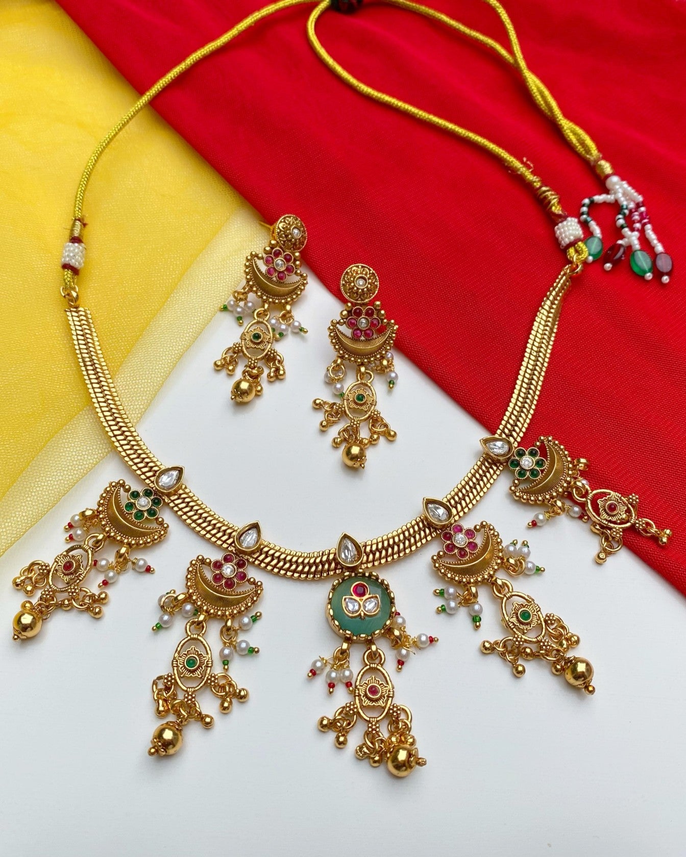 Matte Gold Chandbali Tassel Drop Necklace Set