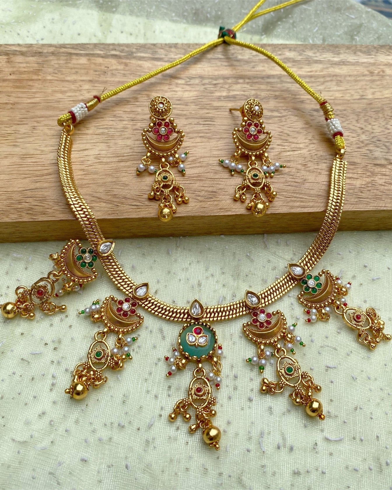 Matte Gold Chandbali Tassel Drop Necklace Set