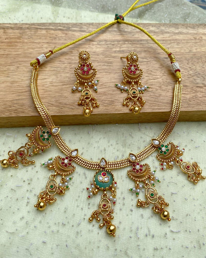 Matte Gold Chandbali Tassel Drop Necklace Set