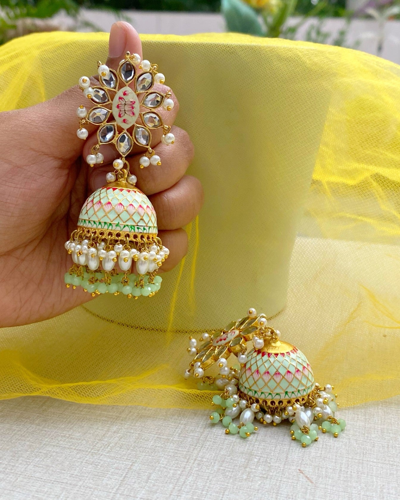 Mint Green Enamel Kundan Jhumka