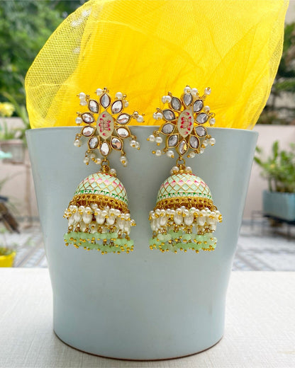 Mint Green Enamel Kundan Jhumka