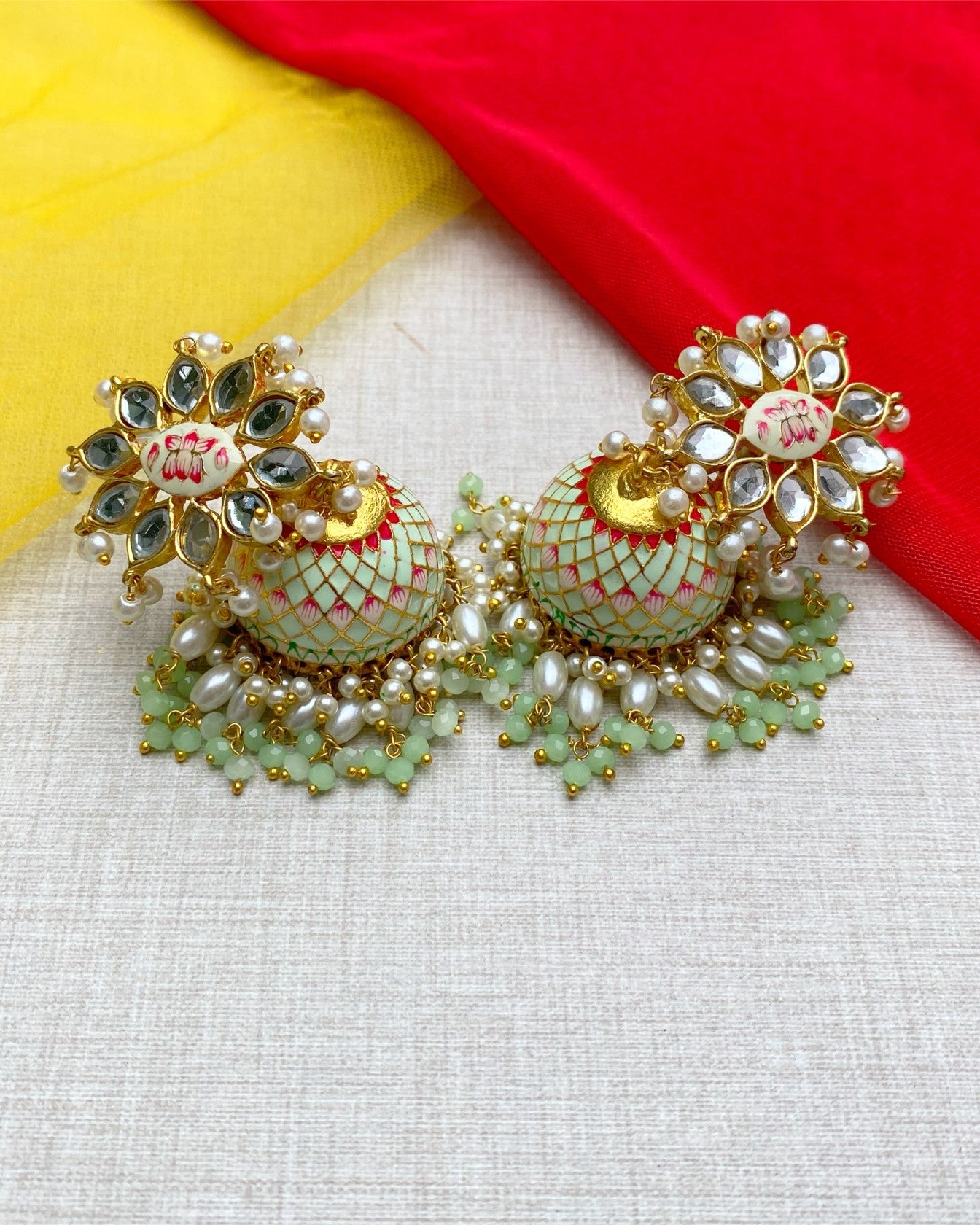 Mint Green Enamel Kundan Jhumka