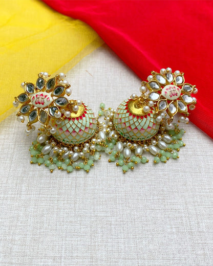 Mint Green Enamel Kundan Jhumka