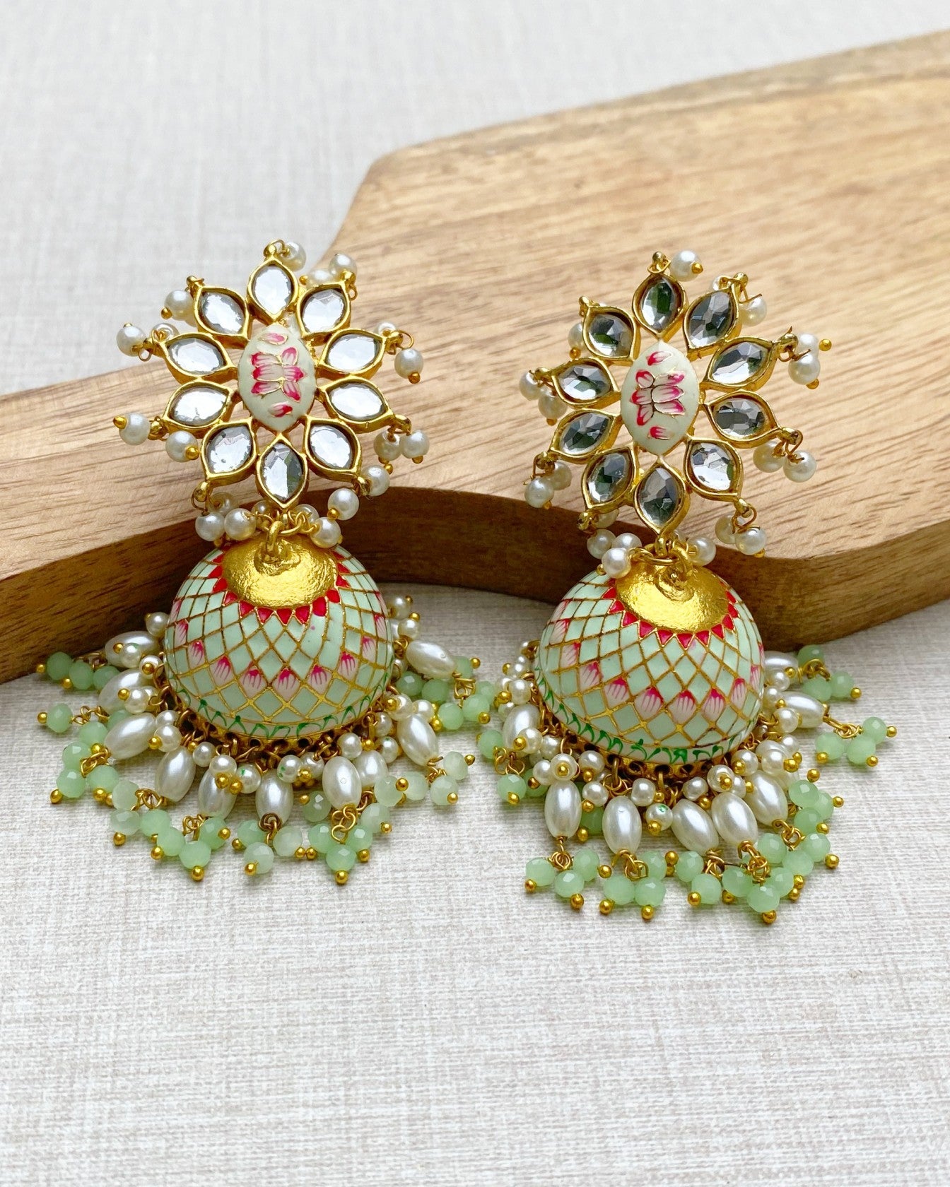 Mint Green Enamel Kundan Jhumka