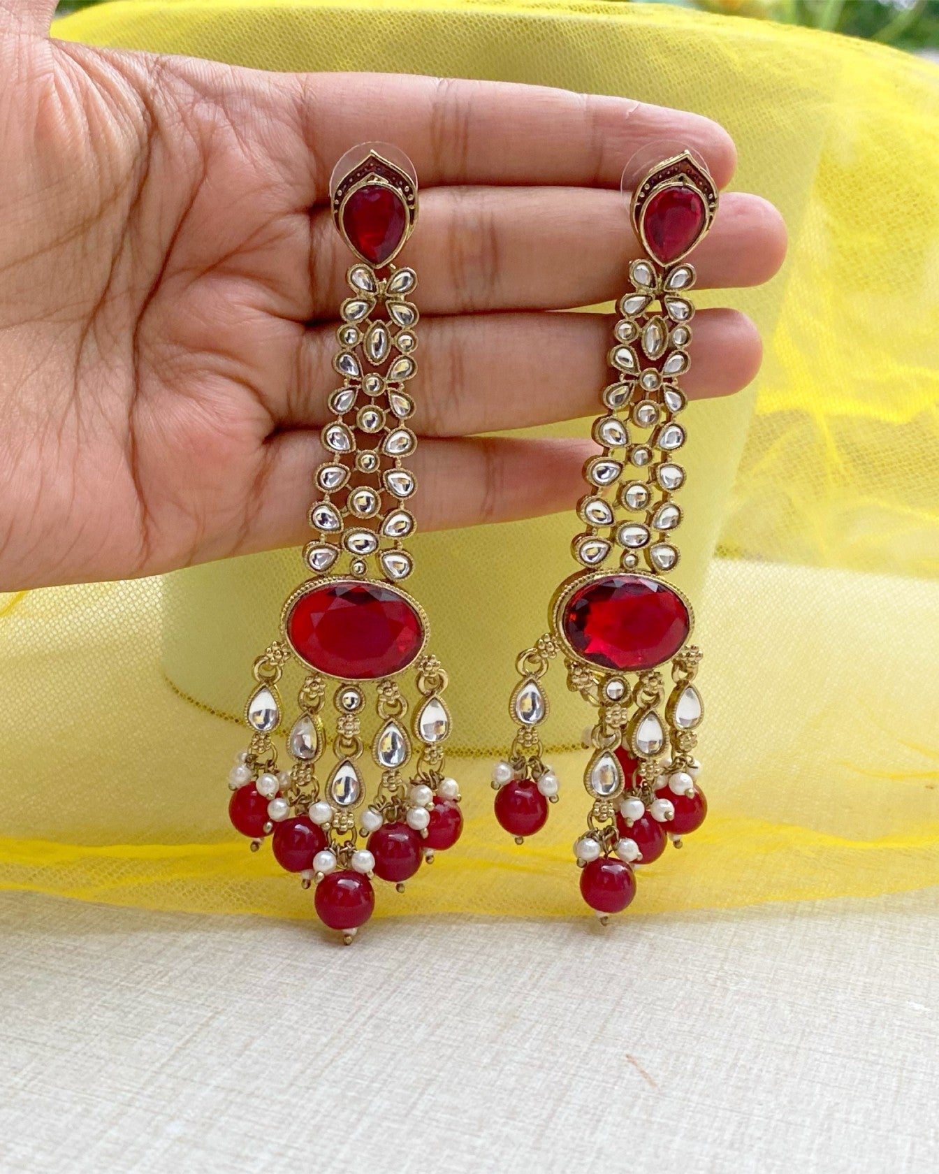 Deep Red Kundan Pearl Drop Earrings