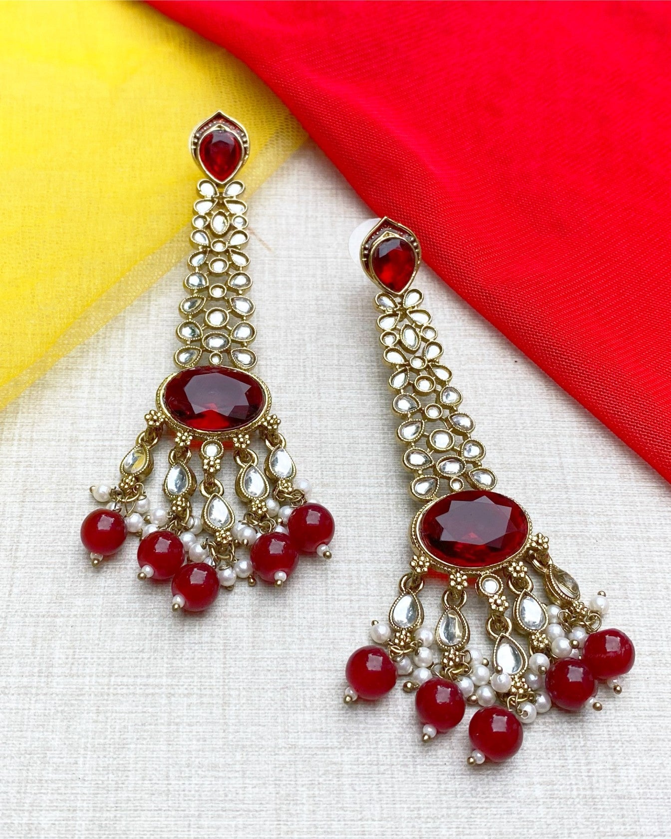 Deep Red Kundan Pearl Drop Earrings