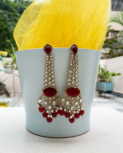 Deep Red Kundan Pearl Drop Earrings