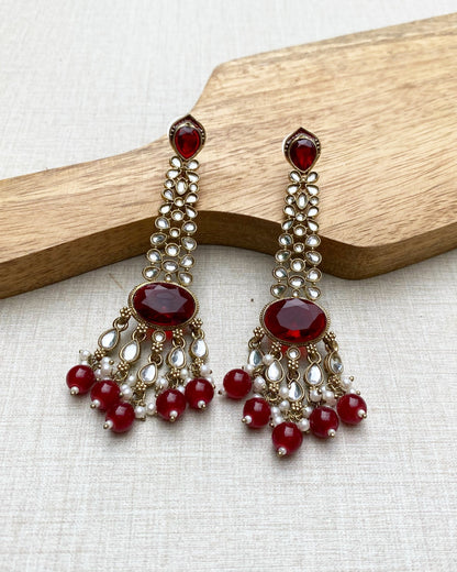 Deep Red Kundan Pearl Drop Earrings