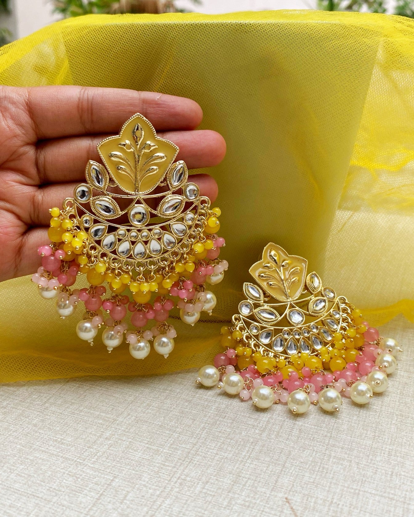 Pink & Yellow Meenakari Chandbali Earring
