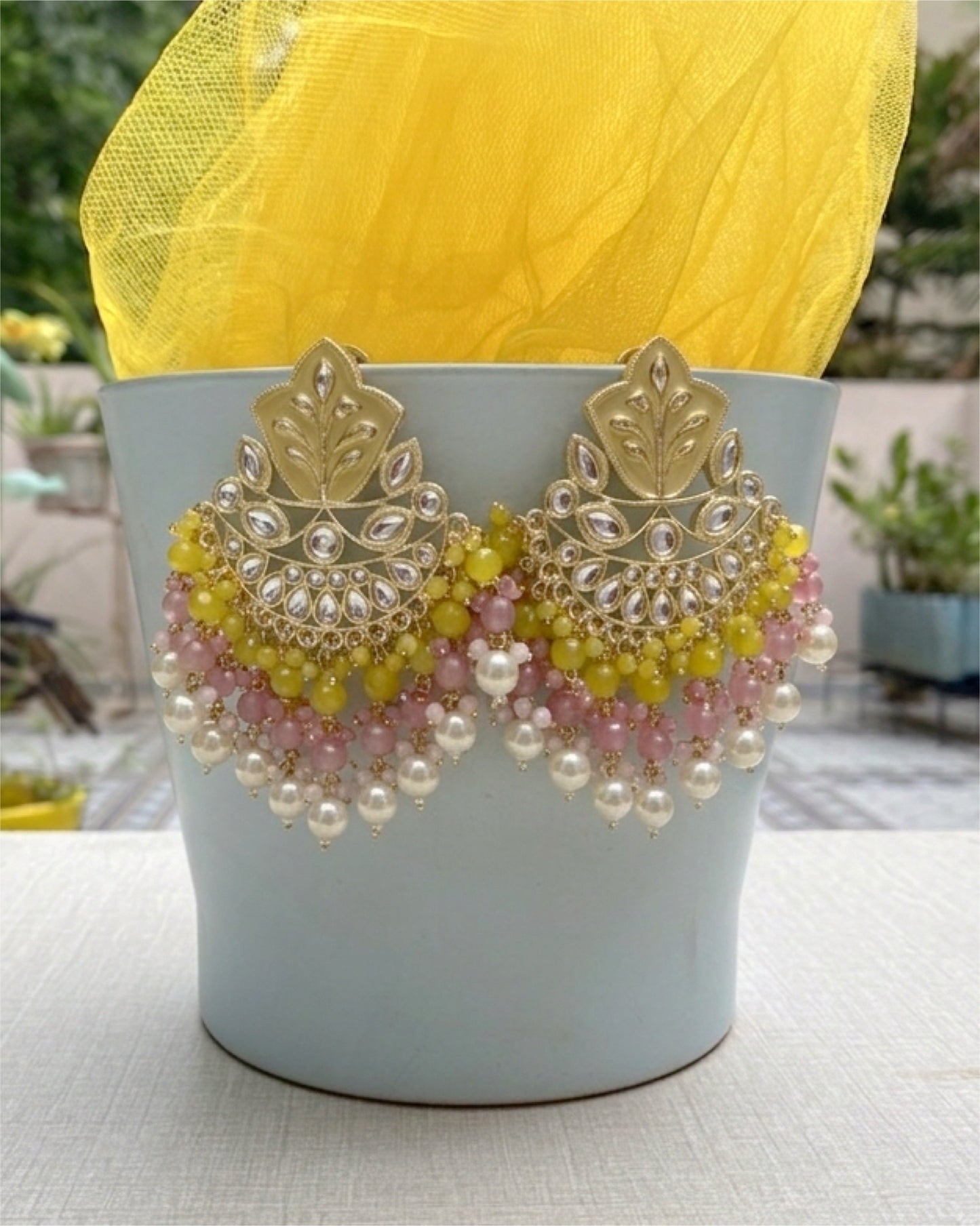 Pink & Yellow Meenakari Chandbali Earring