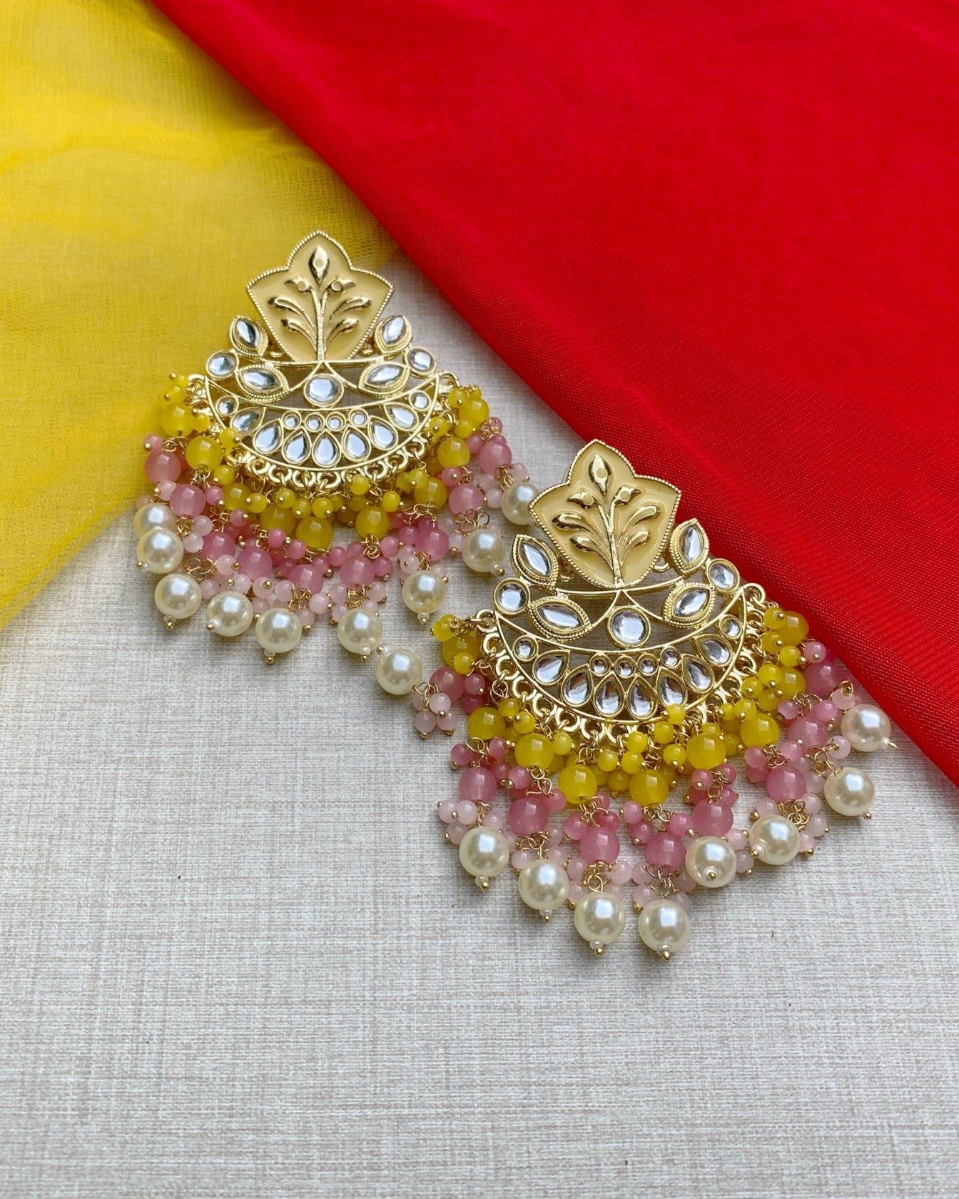 Pink & Yellow Meenakari Chandbali Earring