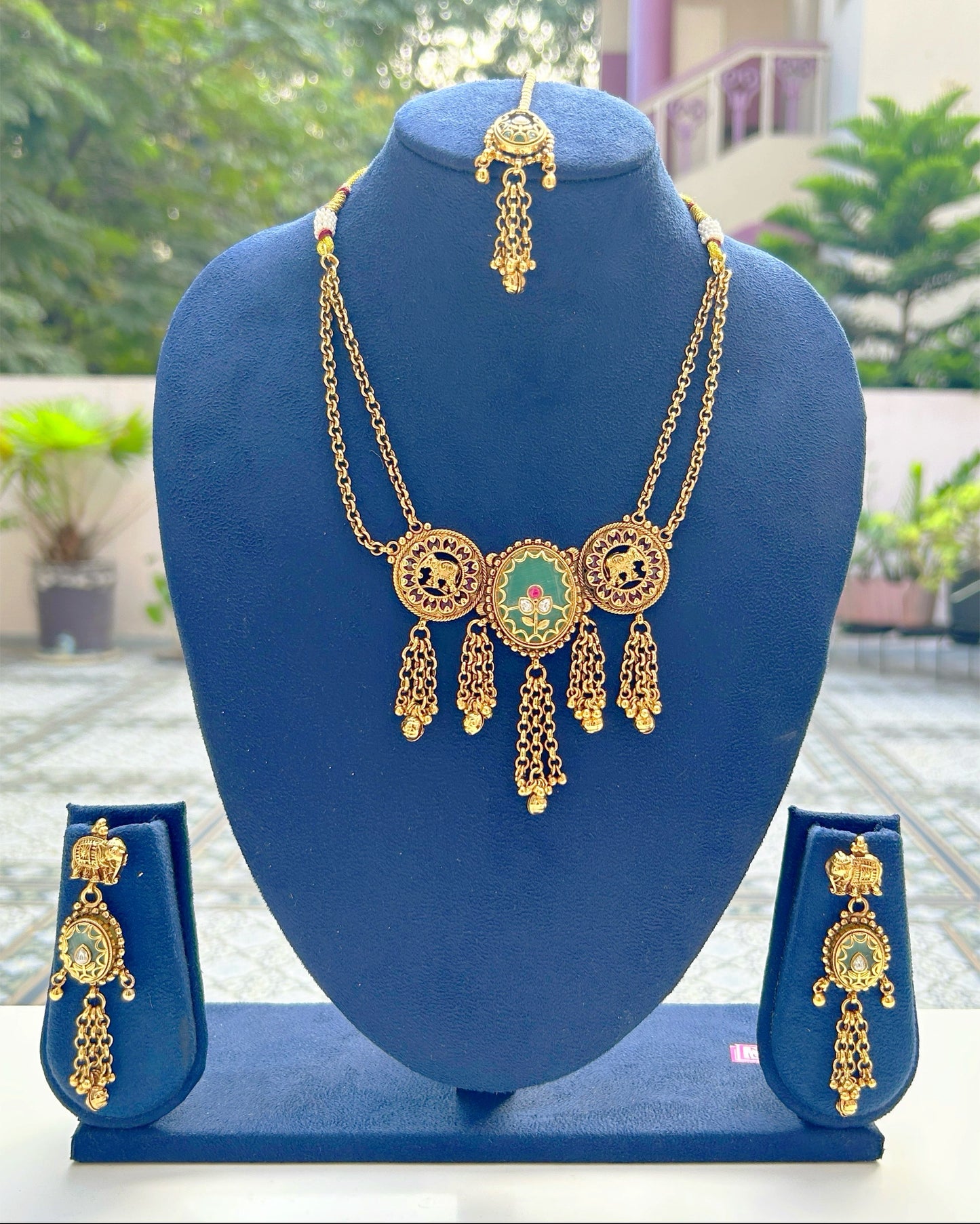 Mint Green Elephant Engraved Necklace Set with Maang Tikka