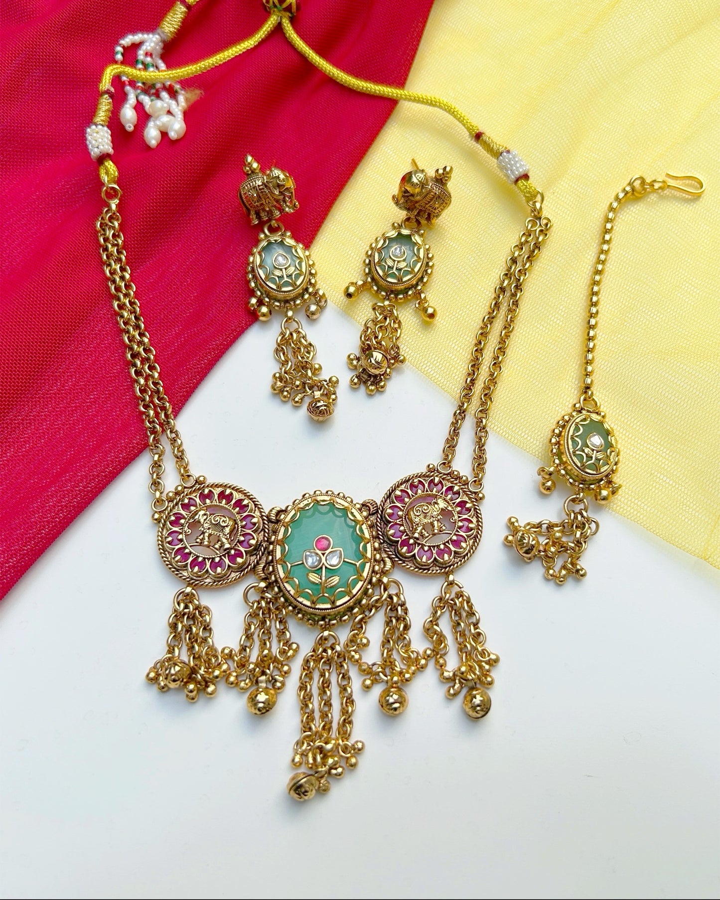Mint Green Elephant Engraved Necklace Set with Maang Tikka