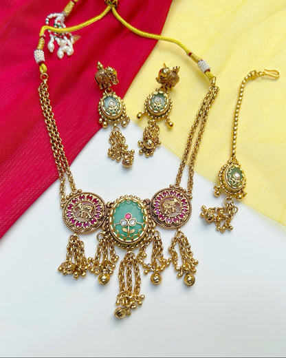 Mint Green Elephant Engraved Necklace Set with Maang Tikka