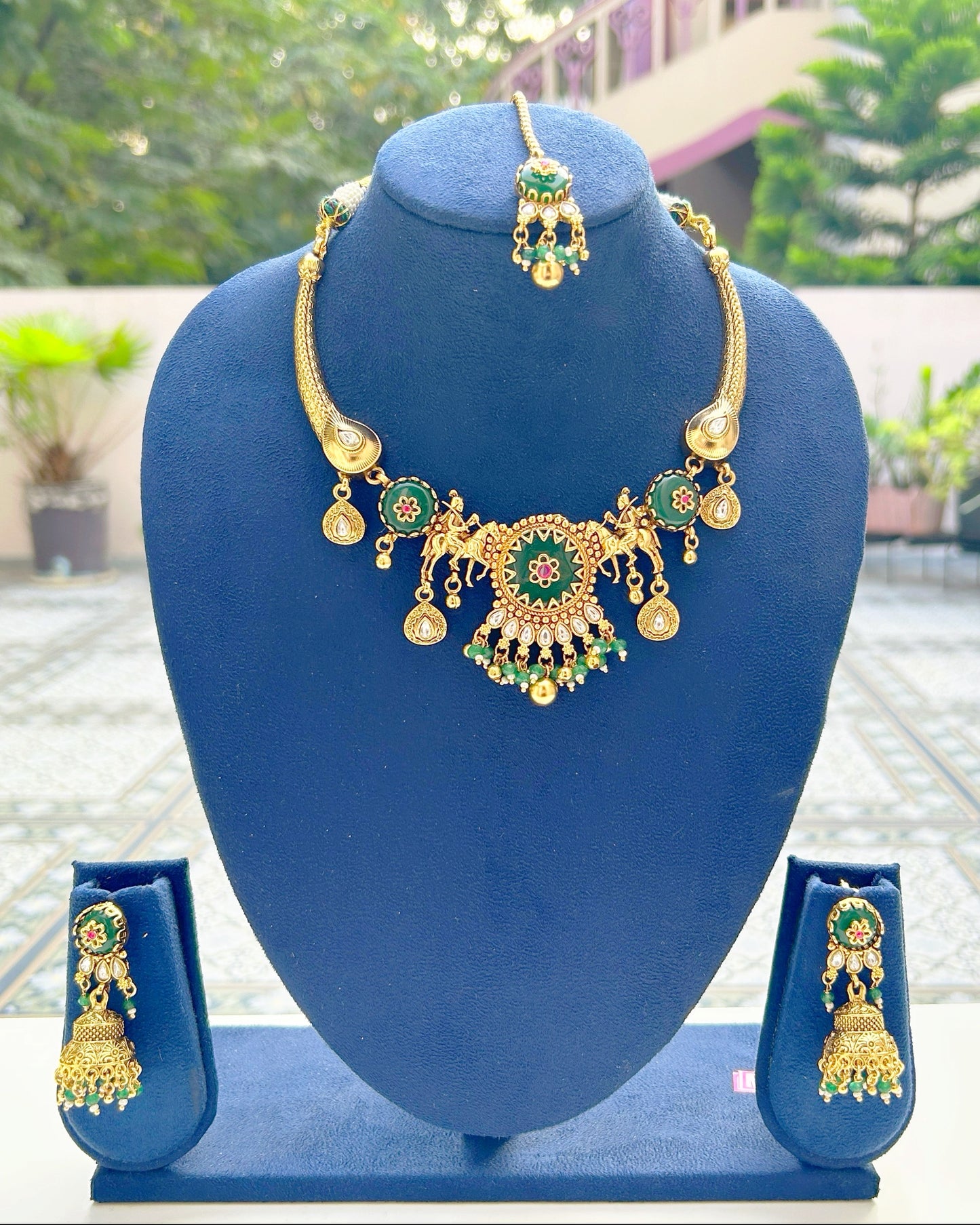 Bottle Green Gajraj Temple Set with Maang Tikka