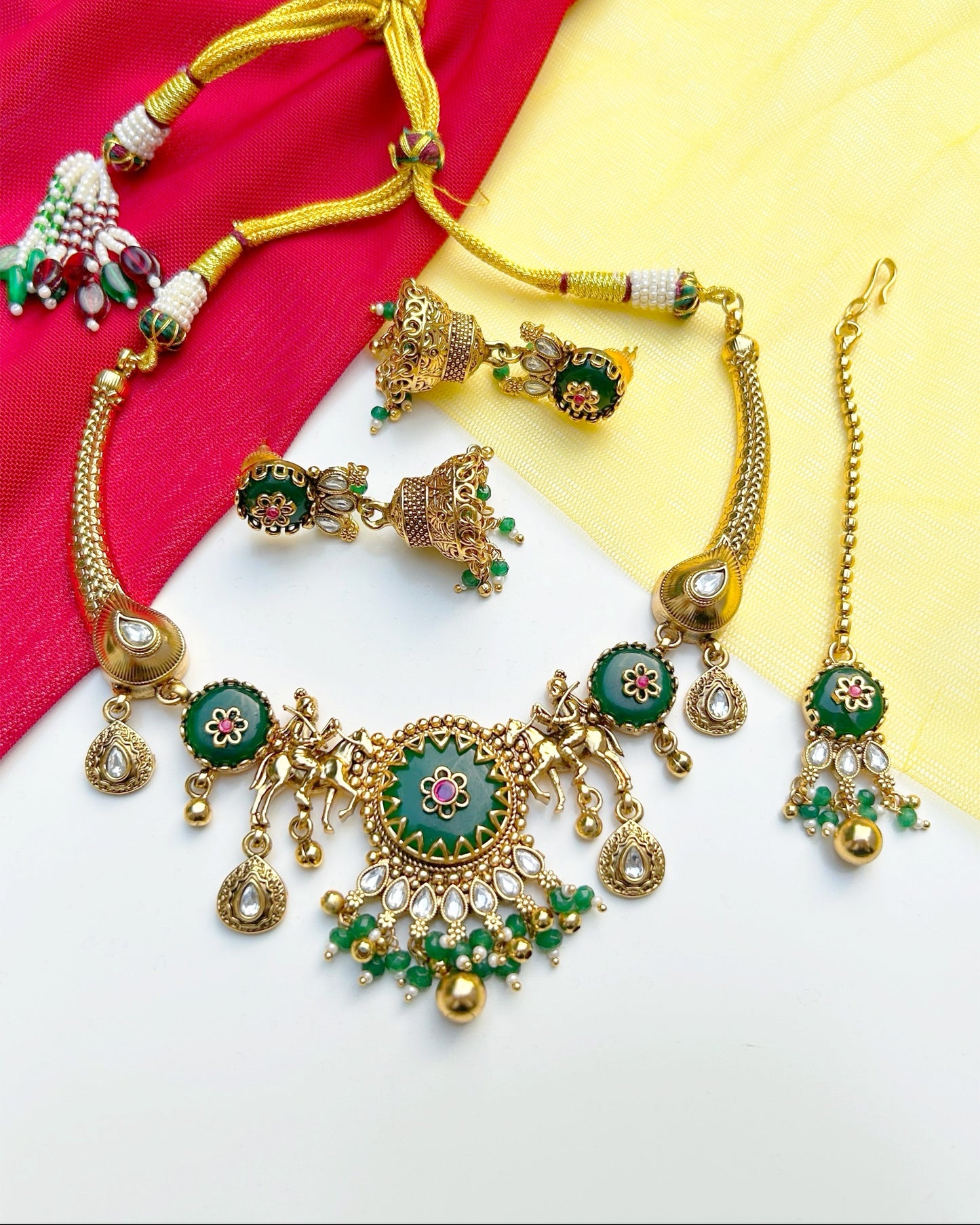 Bottle Green Gajraj Temple Set with Maang Tikka