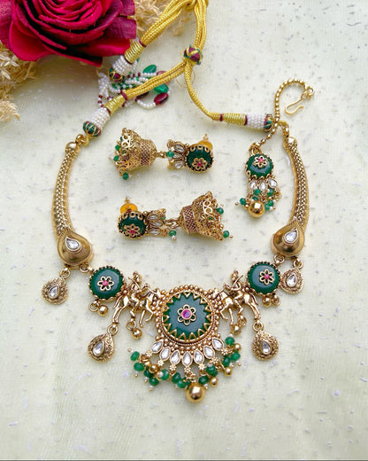 Bottle Green Gajraj Temple Set with Maang Tikka