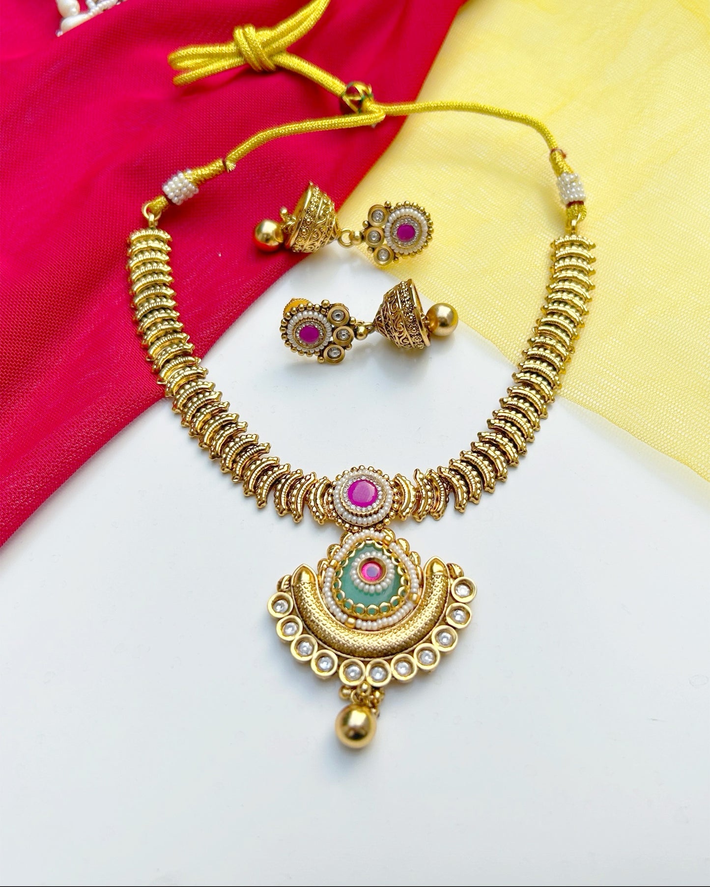 Gold Crescent Moon Ribbed  Necklace Set
