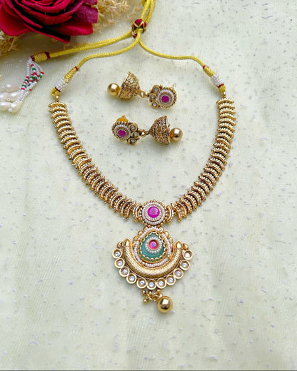 Gold Crescent Moon Ribbed  Necklace Set