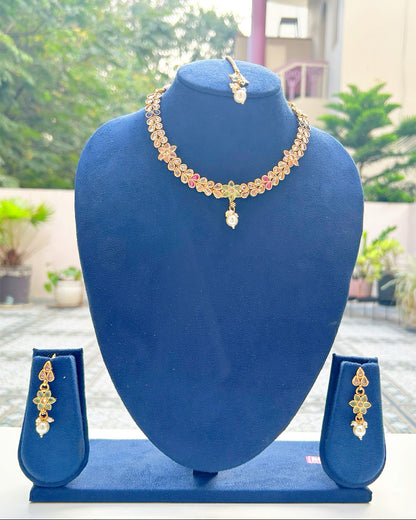 Multicolor Floral Necklace Set with Maang Tikka