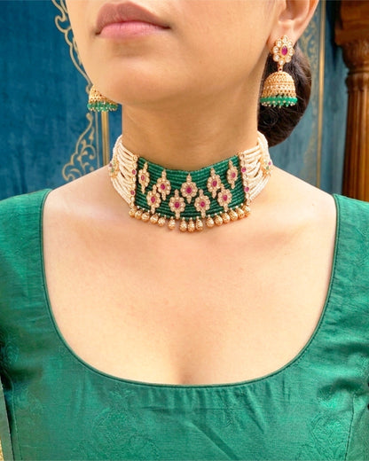 Green & Ruby Floral Choker Set With Jhumkas