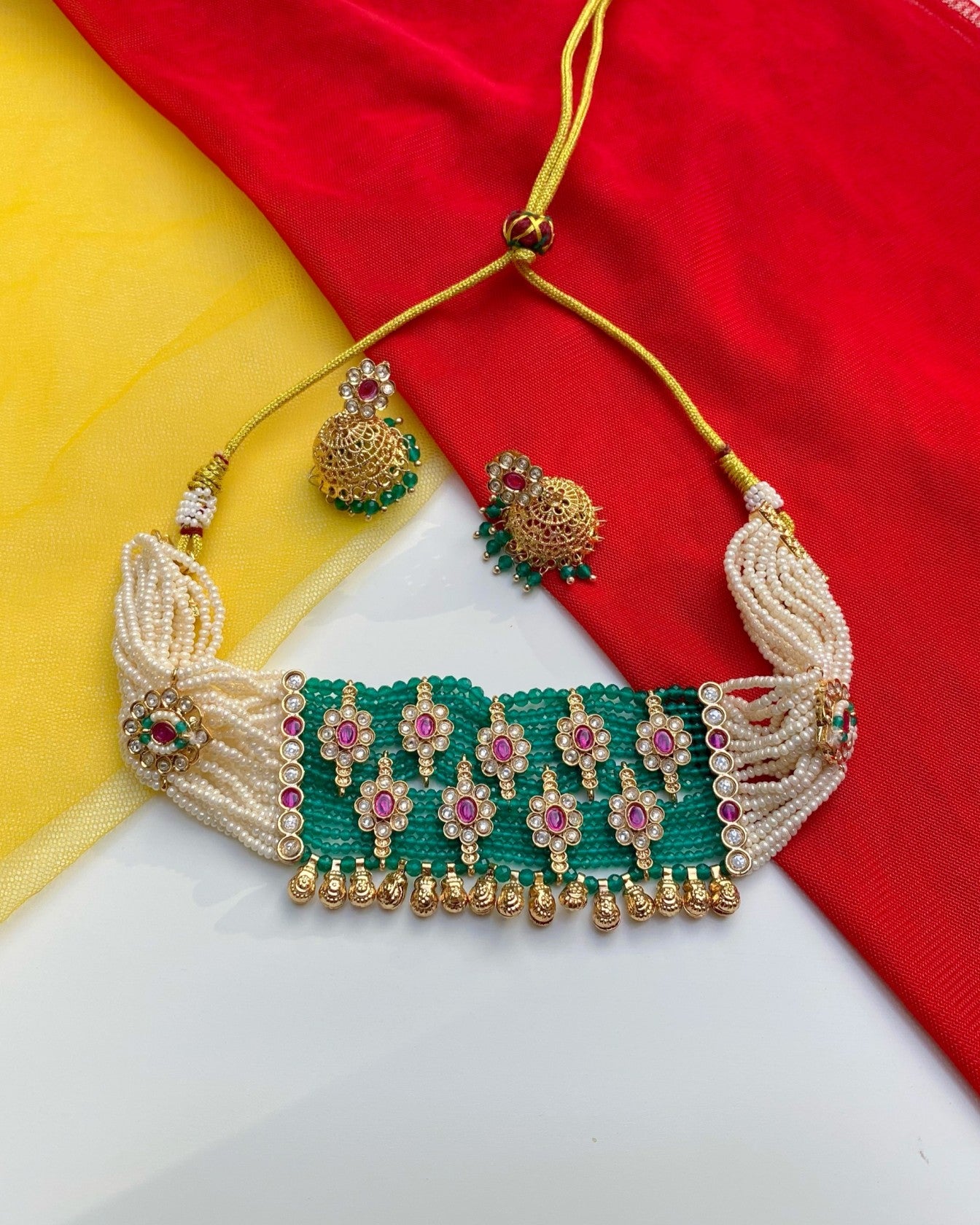 Green & Ruby Floral Choker Set With Jhumkas
