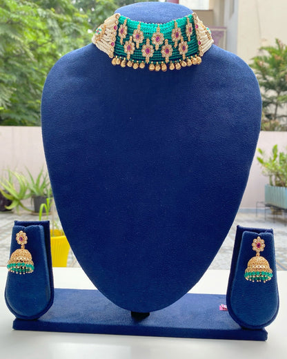 Green & Ruby Floral Choker Set With Jhumkas