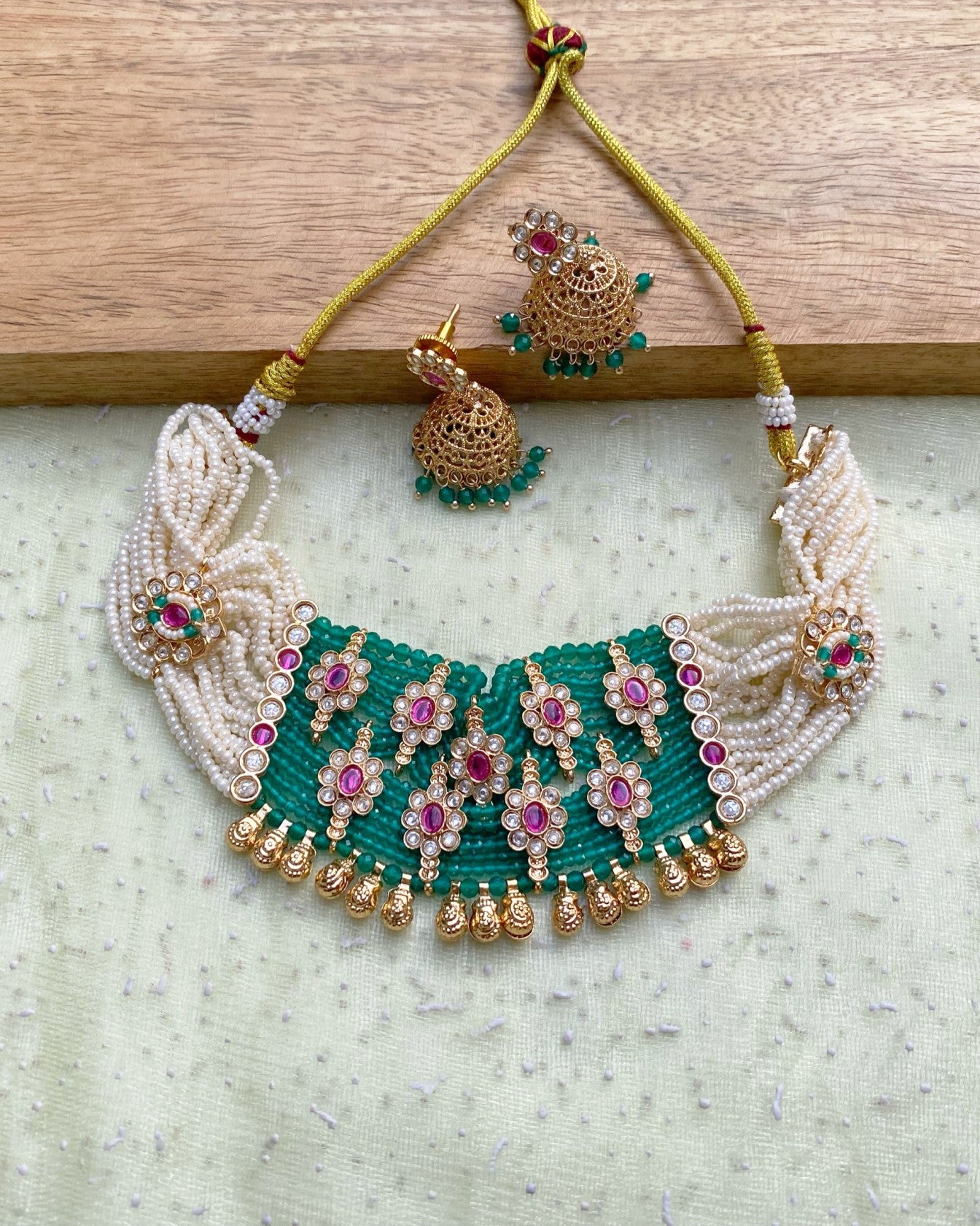 Green & Ruby Floral Choker Set With Jhumkas