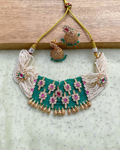 Green & Ruby Floral Choker Set With Jhumkas