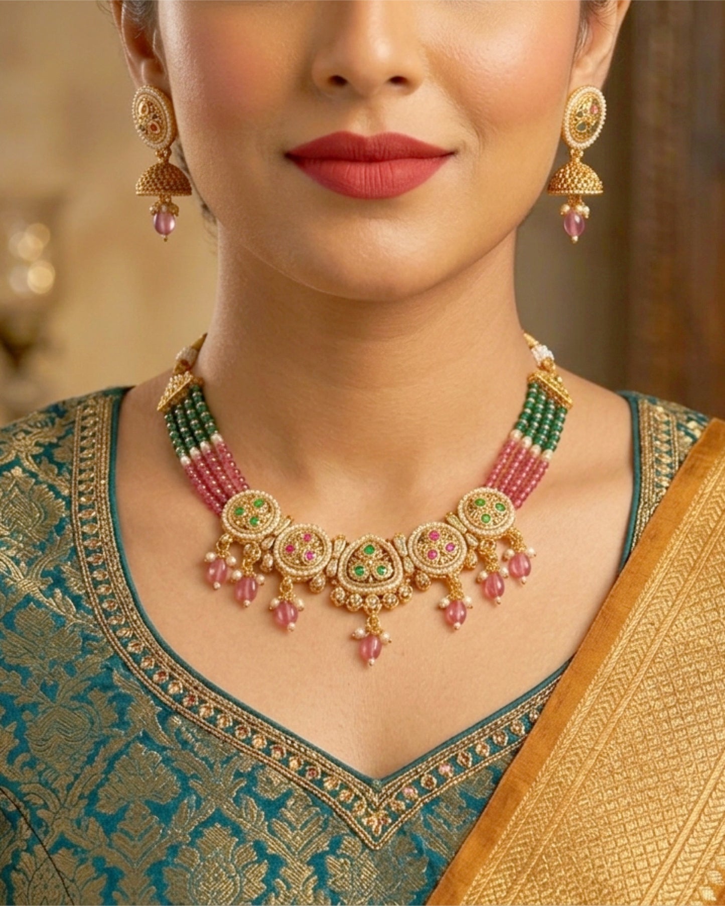 Pink & Green Bead Floral Necklace Set
