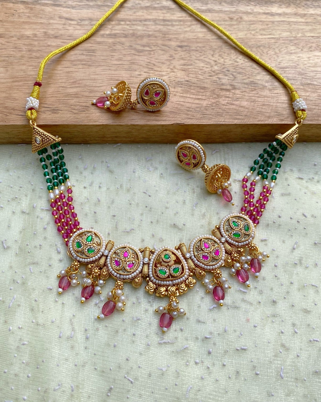 Pink & Green Bead Floral Necklace Set