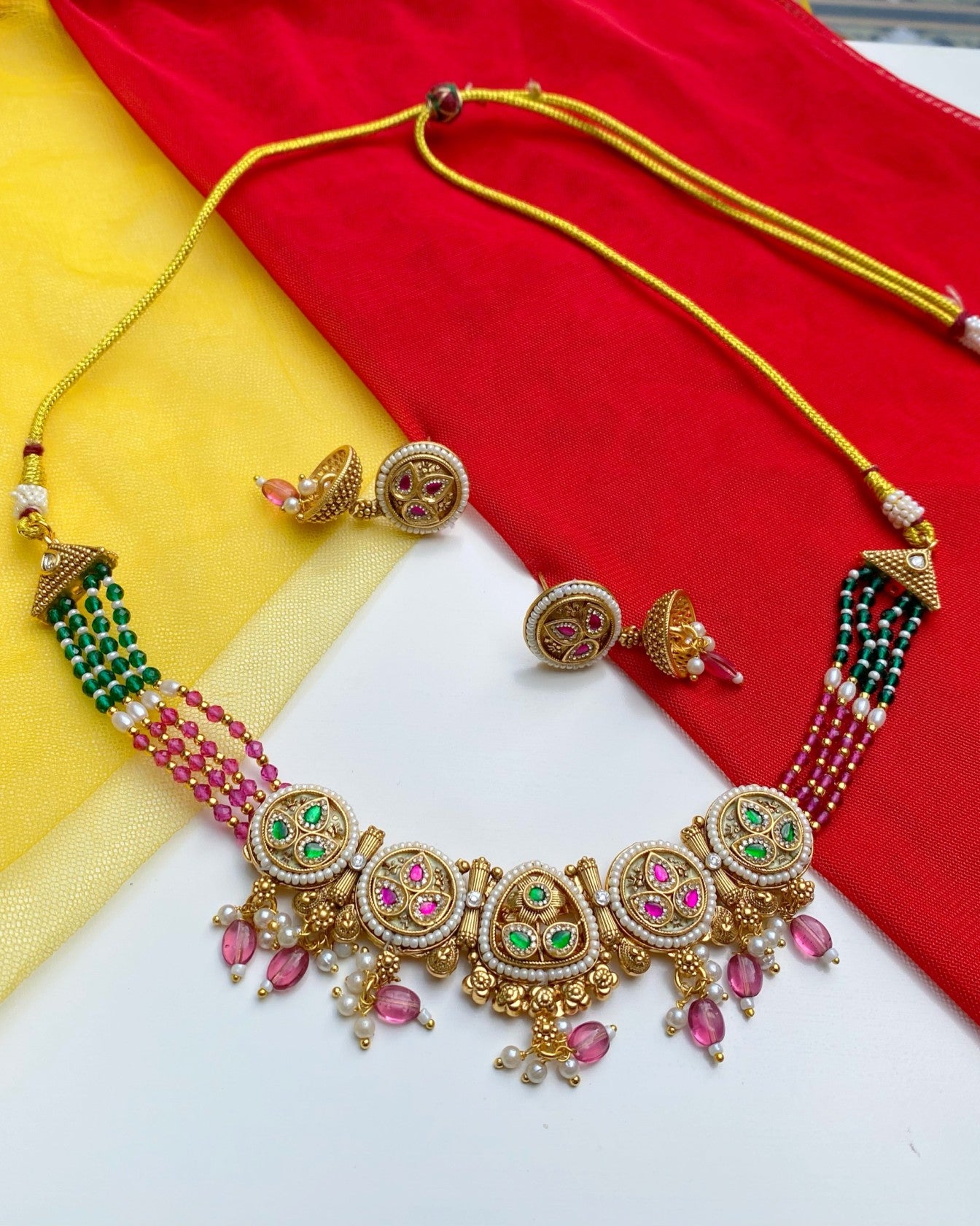 Pink & Green Bead Floral Necklace Set