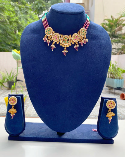 Pink & Green Bead Floral Necklace Set