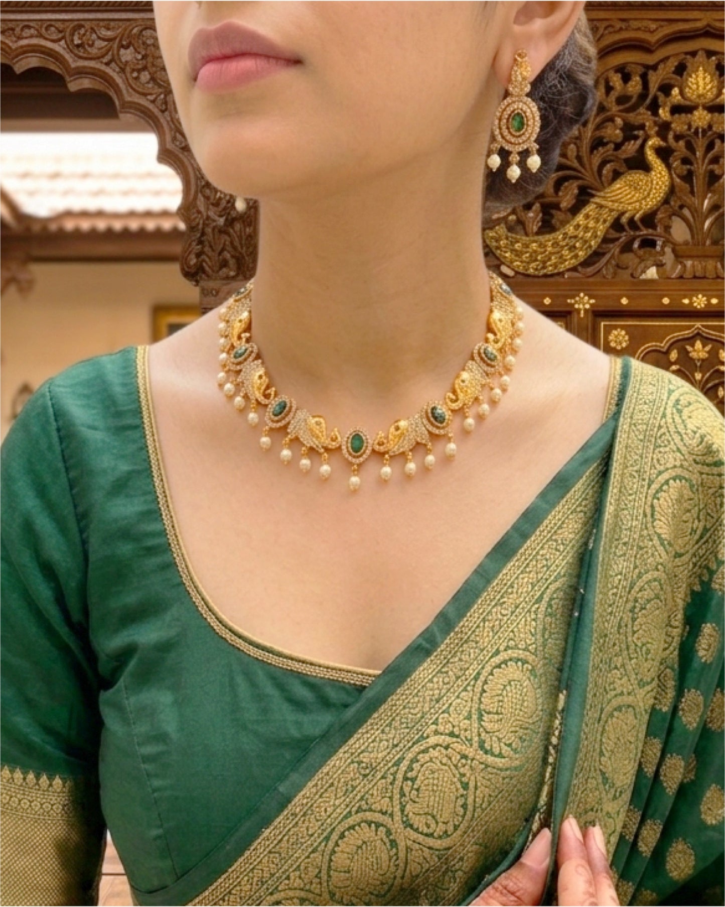 Emerald Vintage Gold  Elephant Engraved Necklace Set