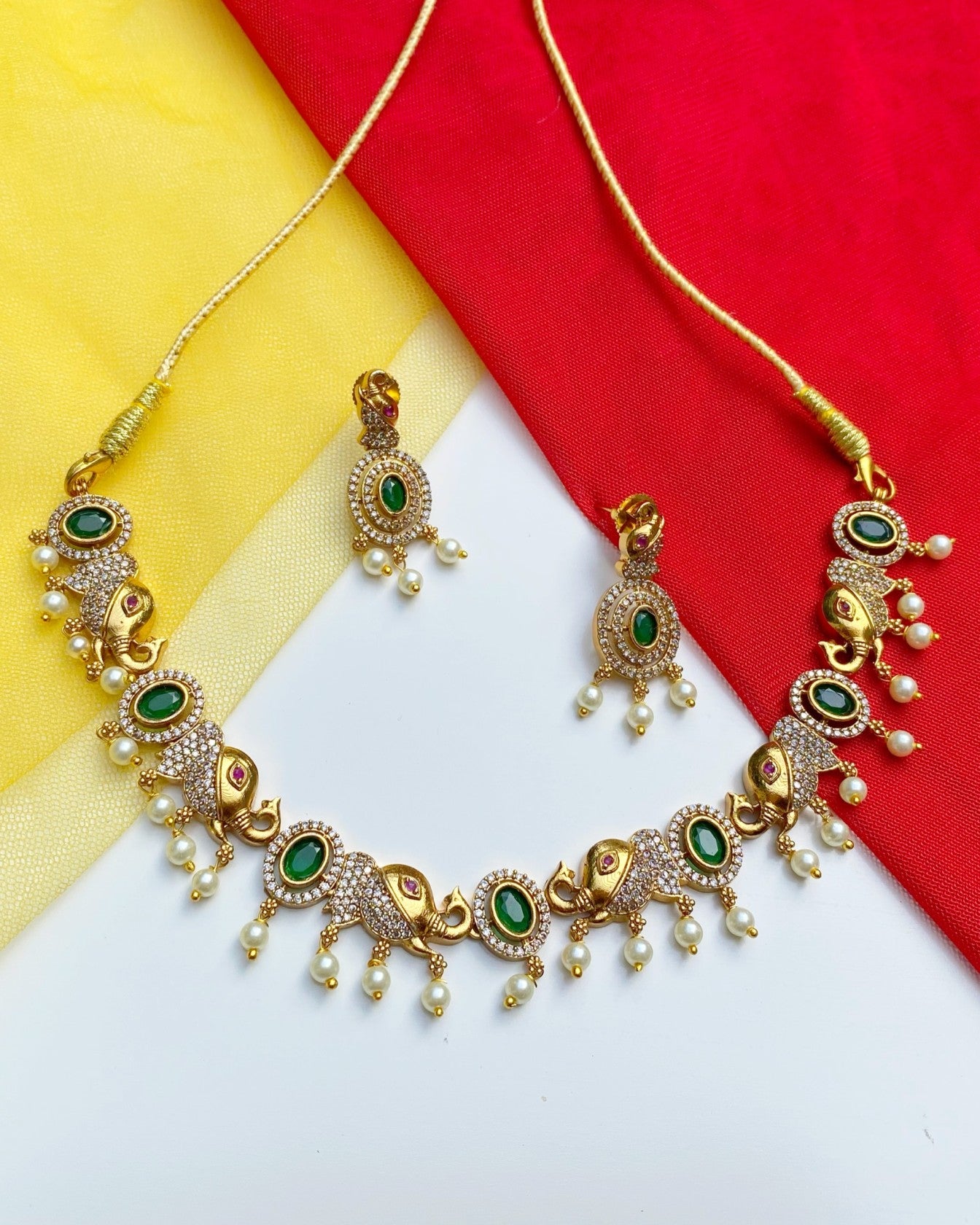 Emerald Vintage Gold  Elephant Engraved Necklace Set