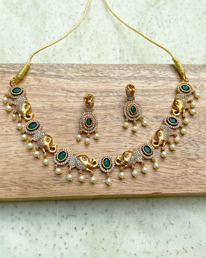 Emerald Vintage Gold  Elephant Engraved Necklace Set