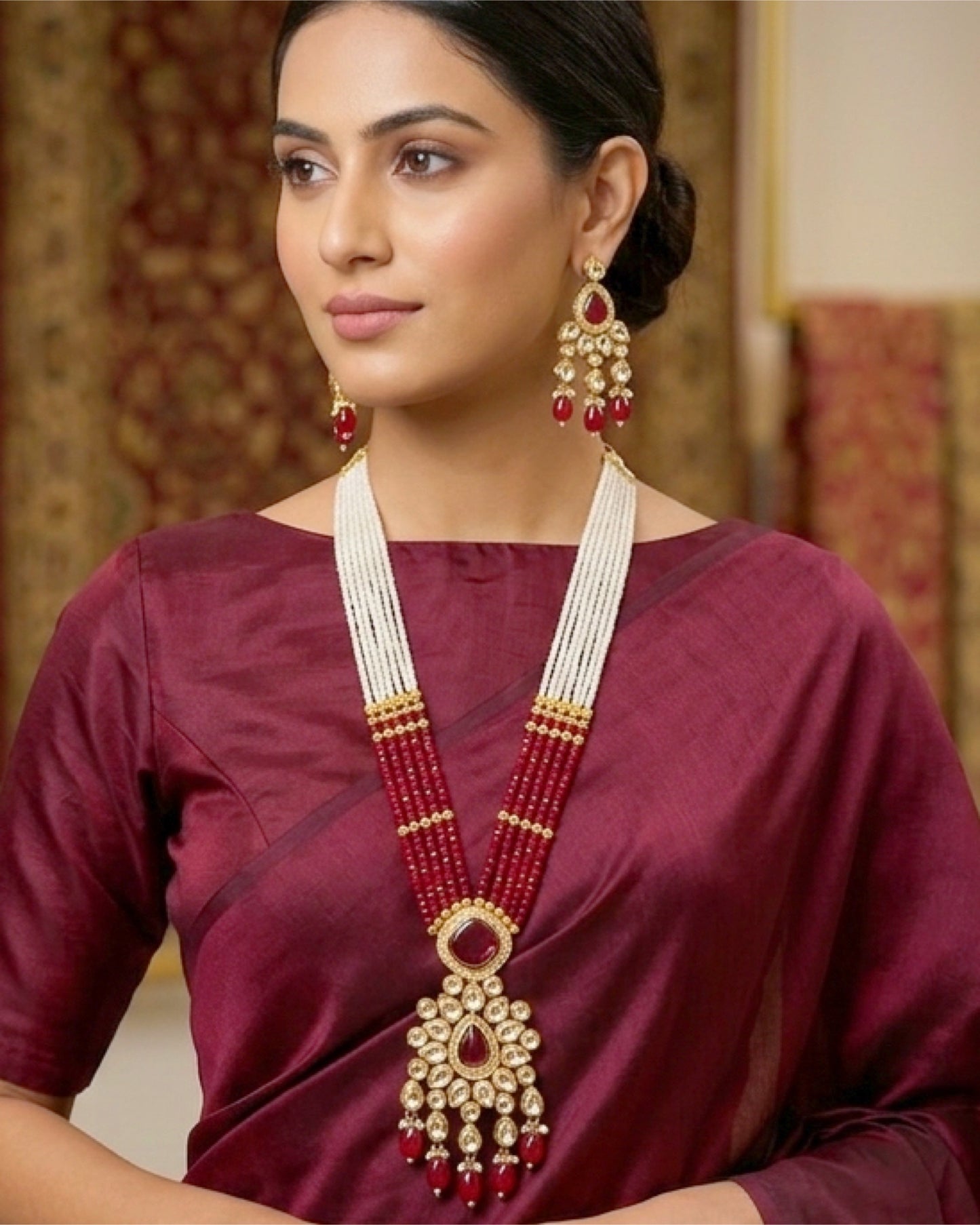 Deep Red Multi Strand Kundan & Pearl Necklace Set