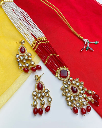 Deep Red Multi Strand Kundan & Pearl Necklace Set