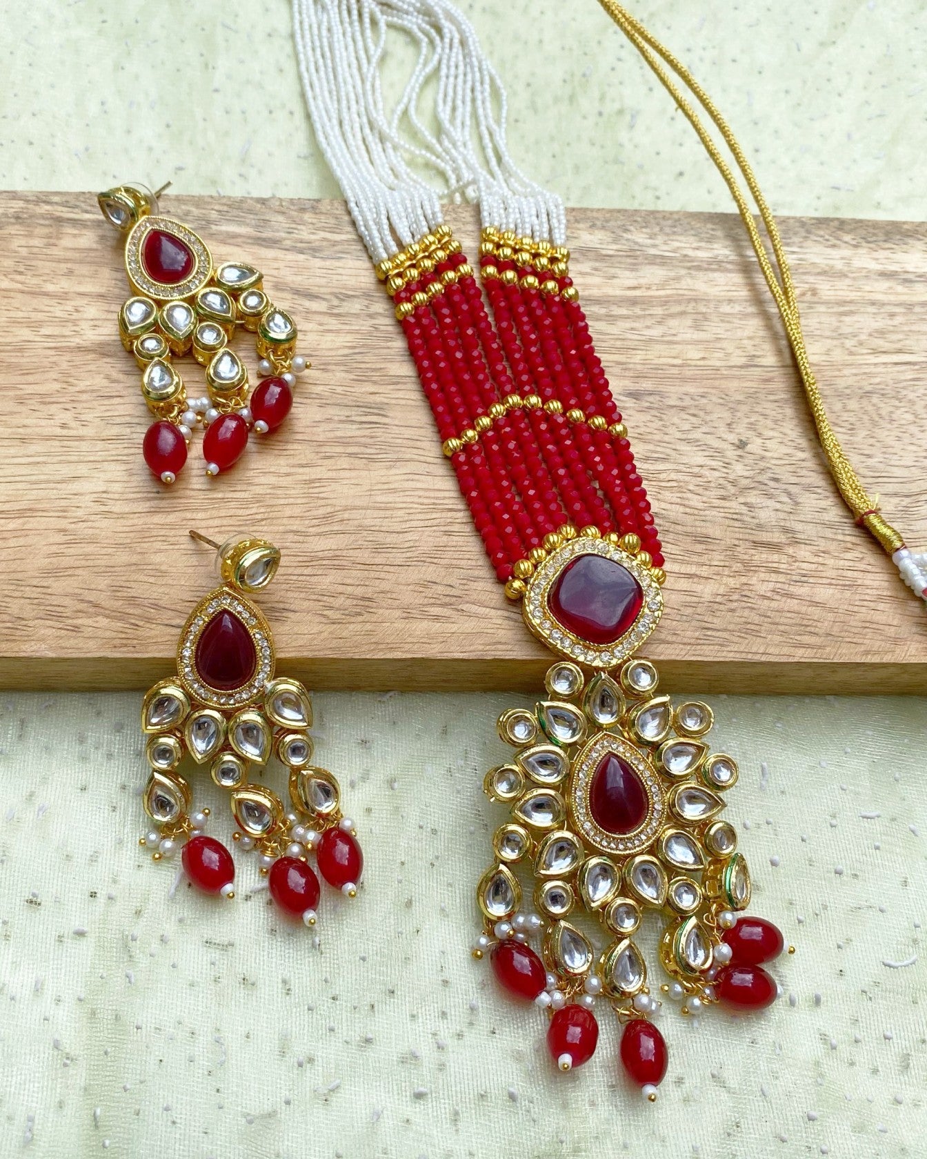 Deep Red Multi Strand Kundan & Pearl Necklace Set